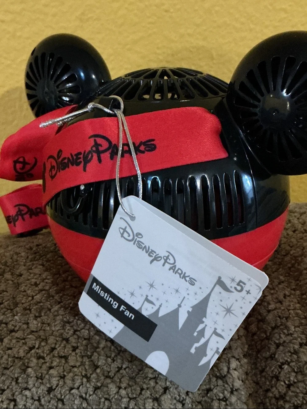 Disney Black Mickey Ear Handheld misting Fan with Red Strap nwt